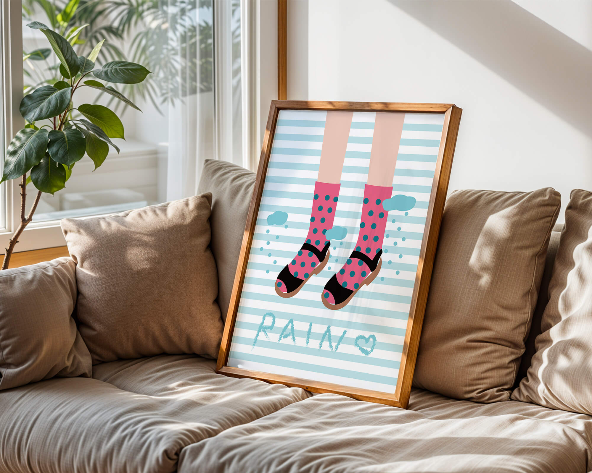 Illustration of polka dot socks and sandals on a striped background
