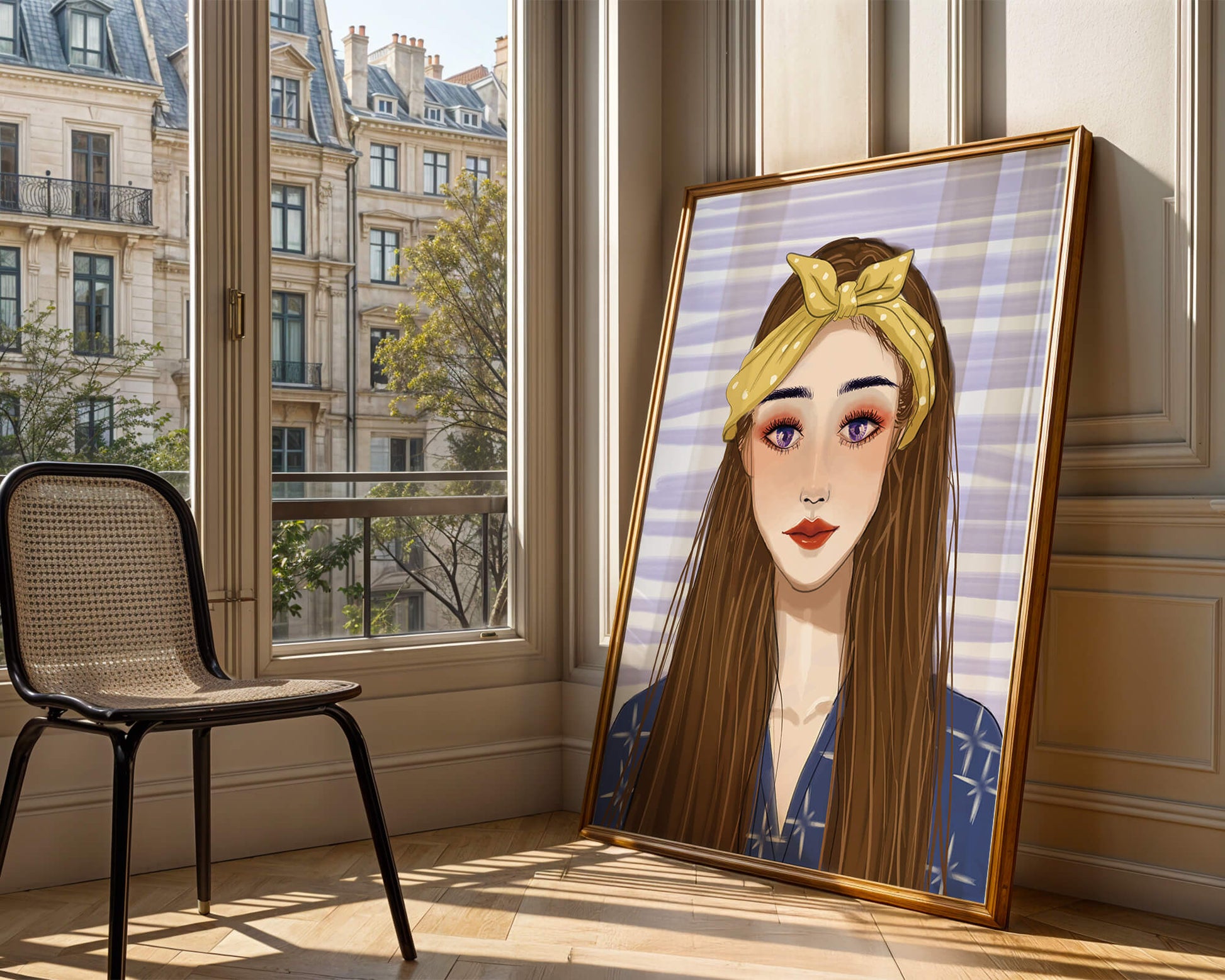 Illustration of a woman with a yellow headband against a striped background