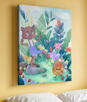 Playful Cat and Chicken in Vibrant Forest Scene Illustration