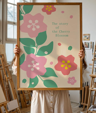 Florale Illustration mit Kirschblüten und grünen Blättern