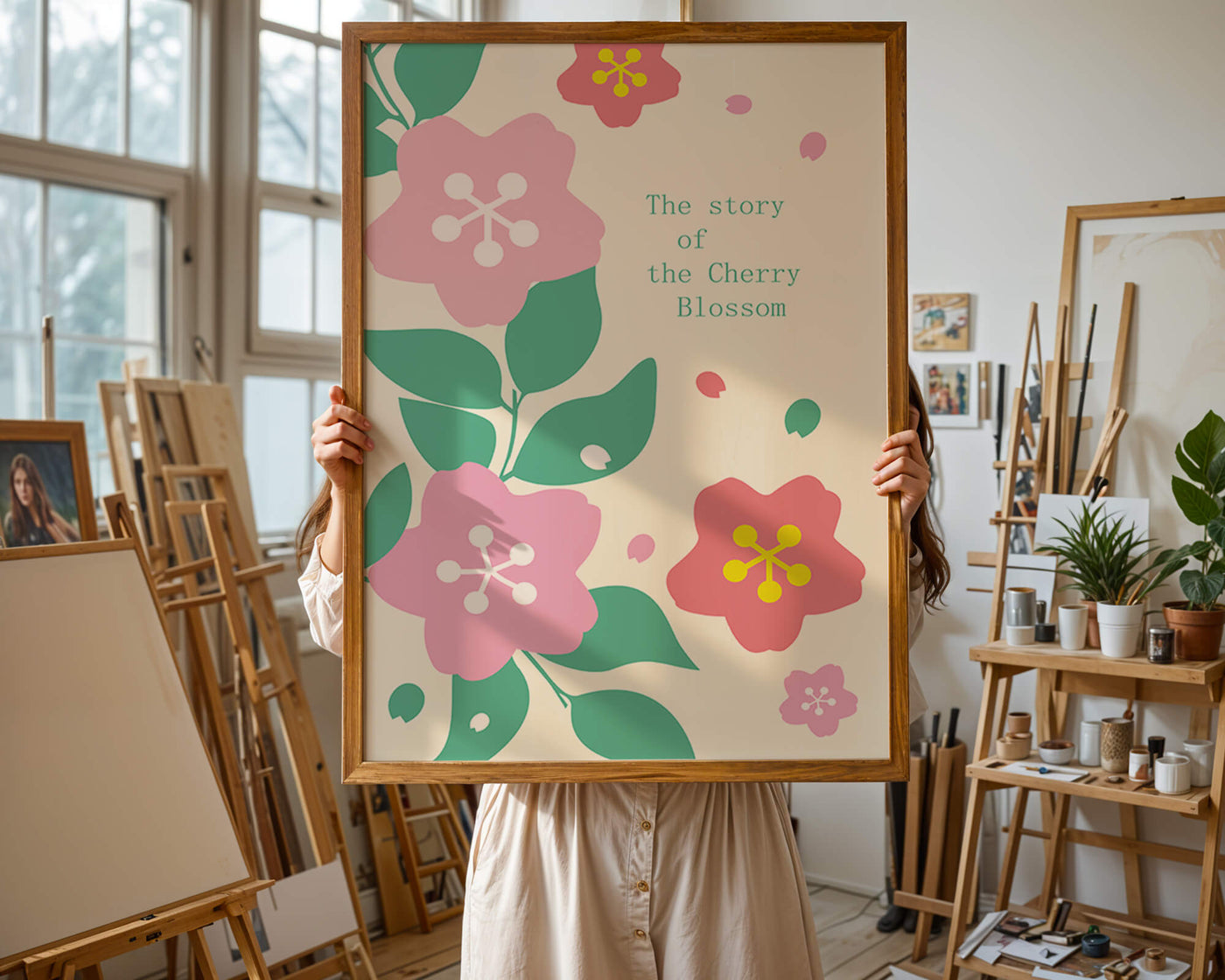 Floral illustration with cherry blossoms and green leaves
