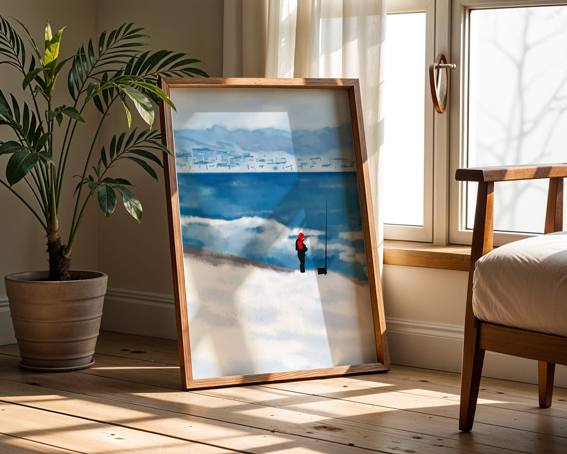 Winterlandschaft mit Person in roter Jacke am Meer