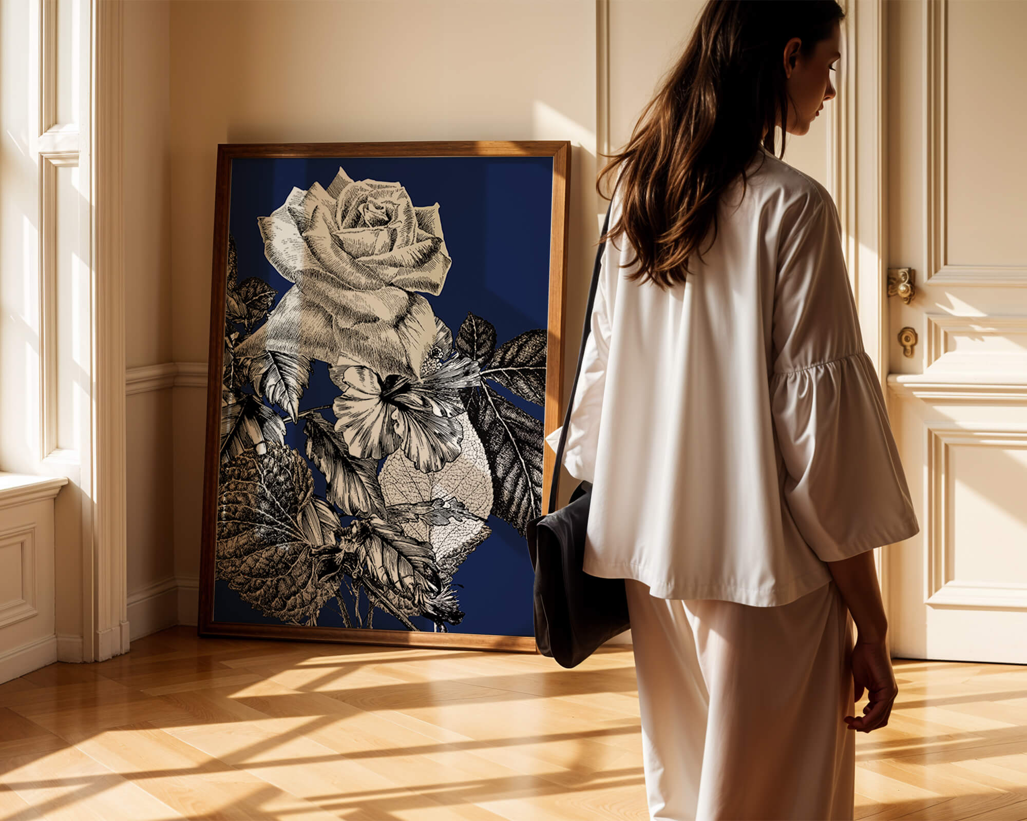 Intricate botanical illustration of roses and foliage on a deep blue background
