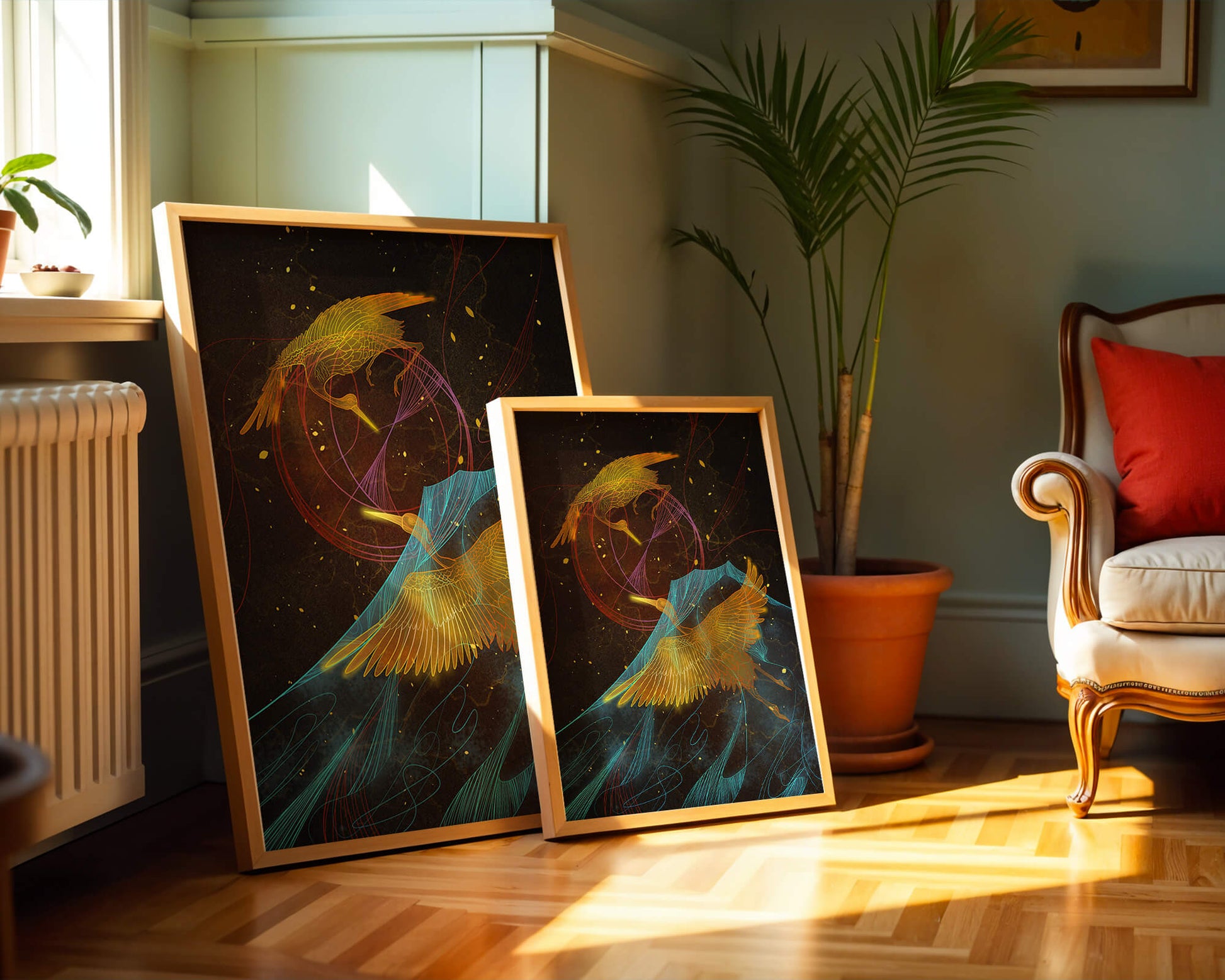 Elegant Cranes in Cosmic Dance with Golden and Blue Accents