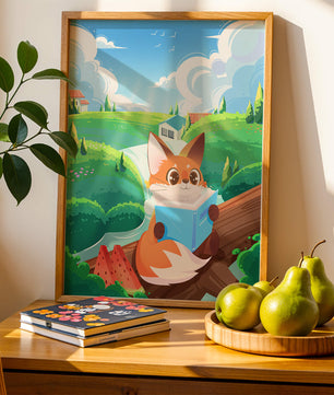 Fox Reading a Book in Scenic Green Landscape with Watermelon Slices