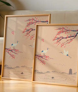 Paysage asiatique élégant avec des grues et des branches de cerisier en fleurs