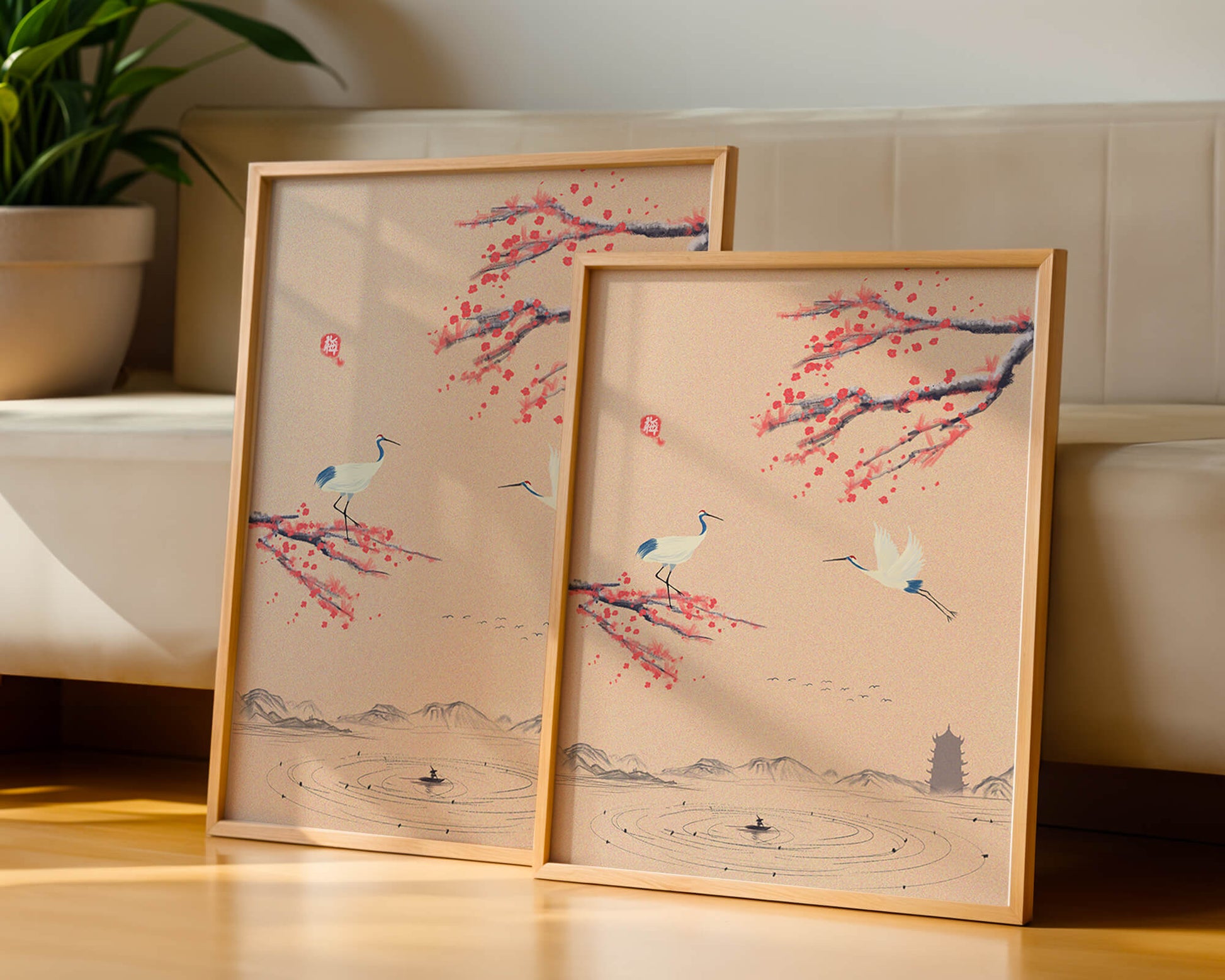 Elegant Asian landscape with cranes and cherry blossom branches