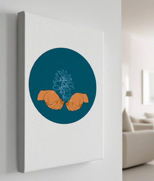 Illustration of Hands Holding a Plant with Teal Background