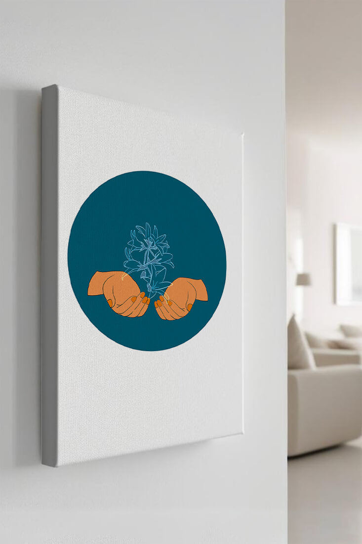 Illustration of Hands Holding a Plant with Teal Background