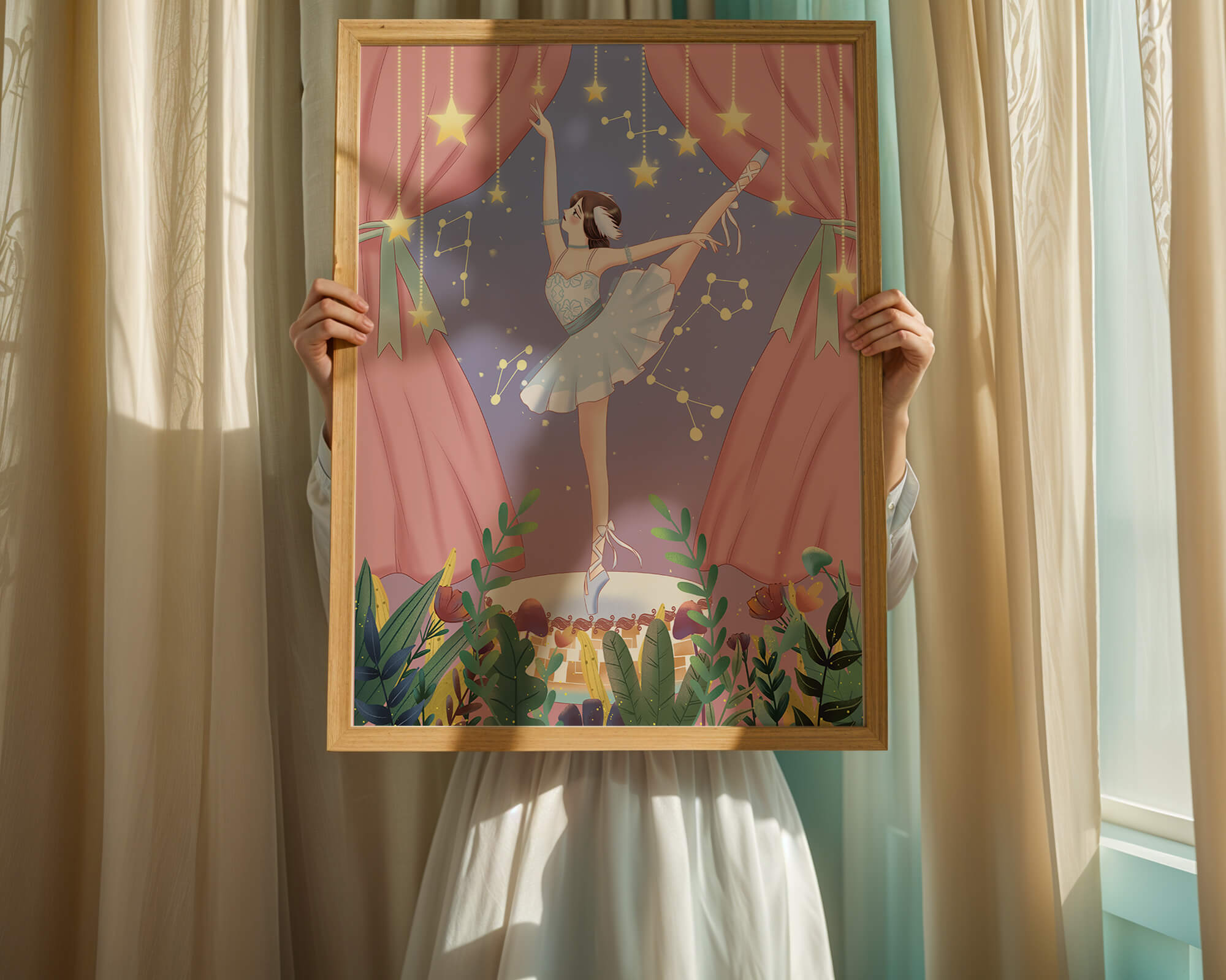 Graceful ballerina performing under starry sky on stage