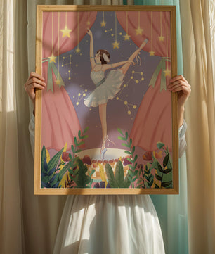 Graceful ballerina performing under starry sky on stage