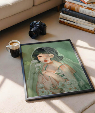 Ilustración emocional de una mujer rodeada de flores
