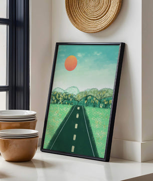 Serene Landscape with Road Leading to Sunset and Lush Greenery