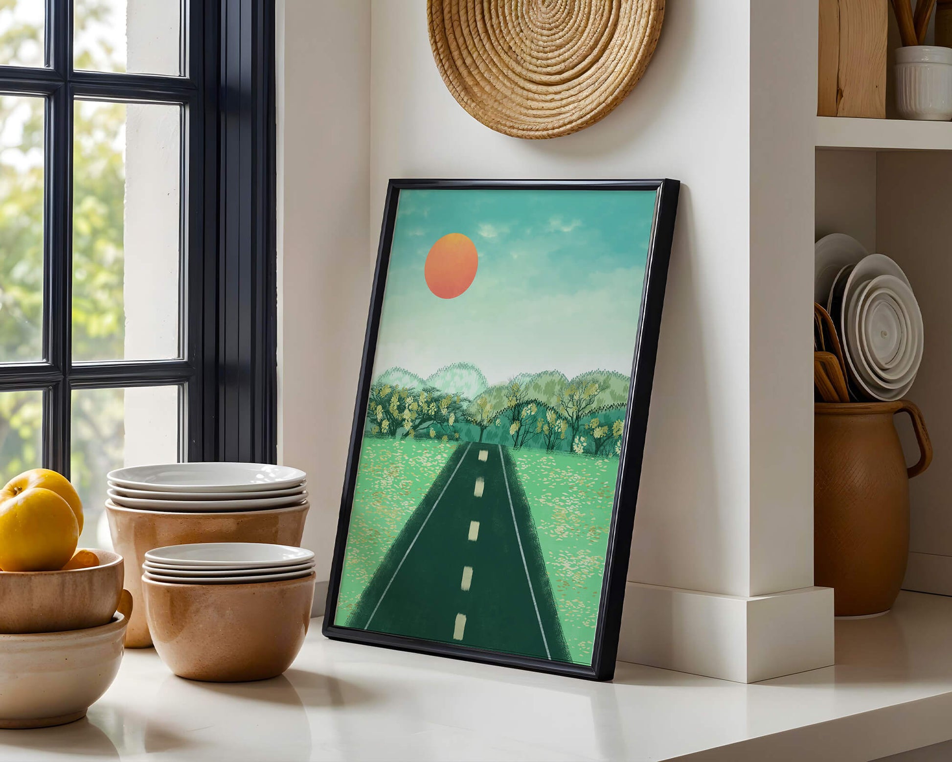 Serene Landscape with Road Leading to Sunset and Lush Greenery