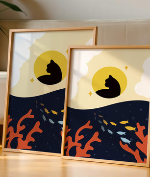 Ruhiges abstraktes Design mit Katzensilhouette und lebendiger Unterwasserszene