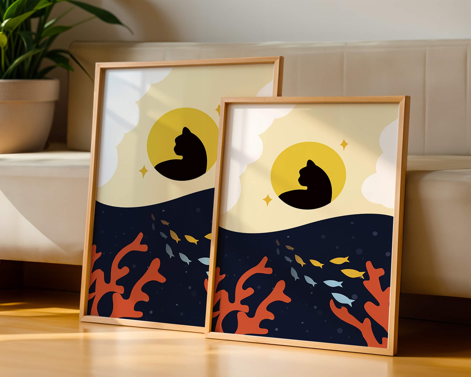 Ruhiges abstraktes Design mit Katzensilhouette und lebendiger Unterwasserszene