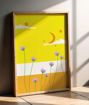 Illustrative landscape with crescent moon, stars, and flowers