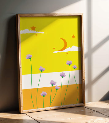 Illustrative landscape with crescent moon, stars, and flowers