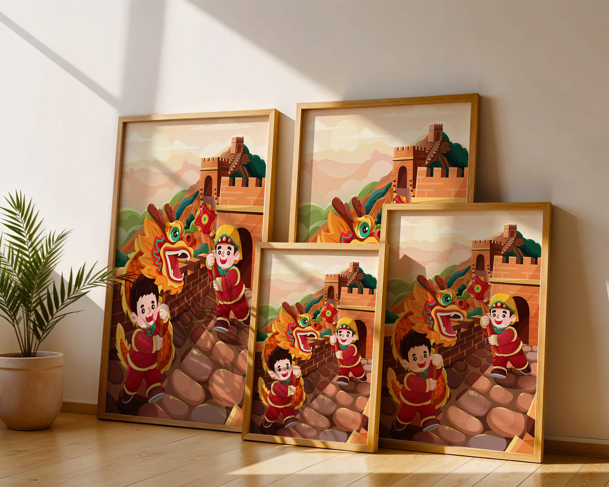 Children celebrating with dragon dance at the Great Wall