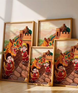 Children celebrating with dragon dance at the Great Wall