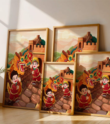 Children celebrating with dragon dance at the Great Wall
