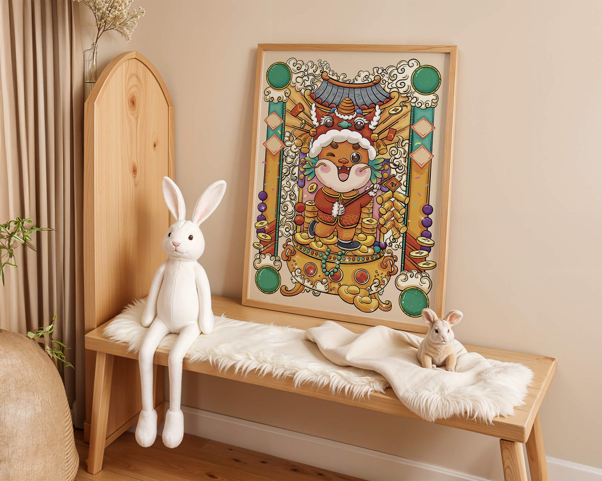 Ilustración colorida de un animal lindo en atuendo festivo tradicional con elementos dorados