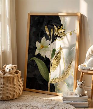 Diseño floral abstracto con detalles dorados y oscuros