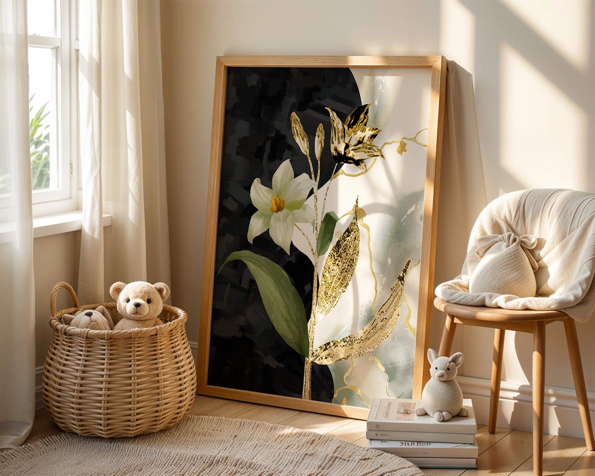 Diseño floral abstracto con detalles dorados y oscuros