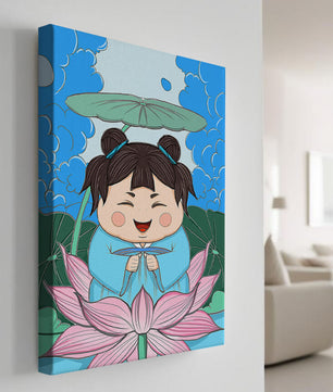 Whimsical illustration of a joyful child with lotus and umbrella