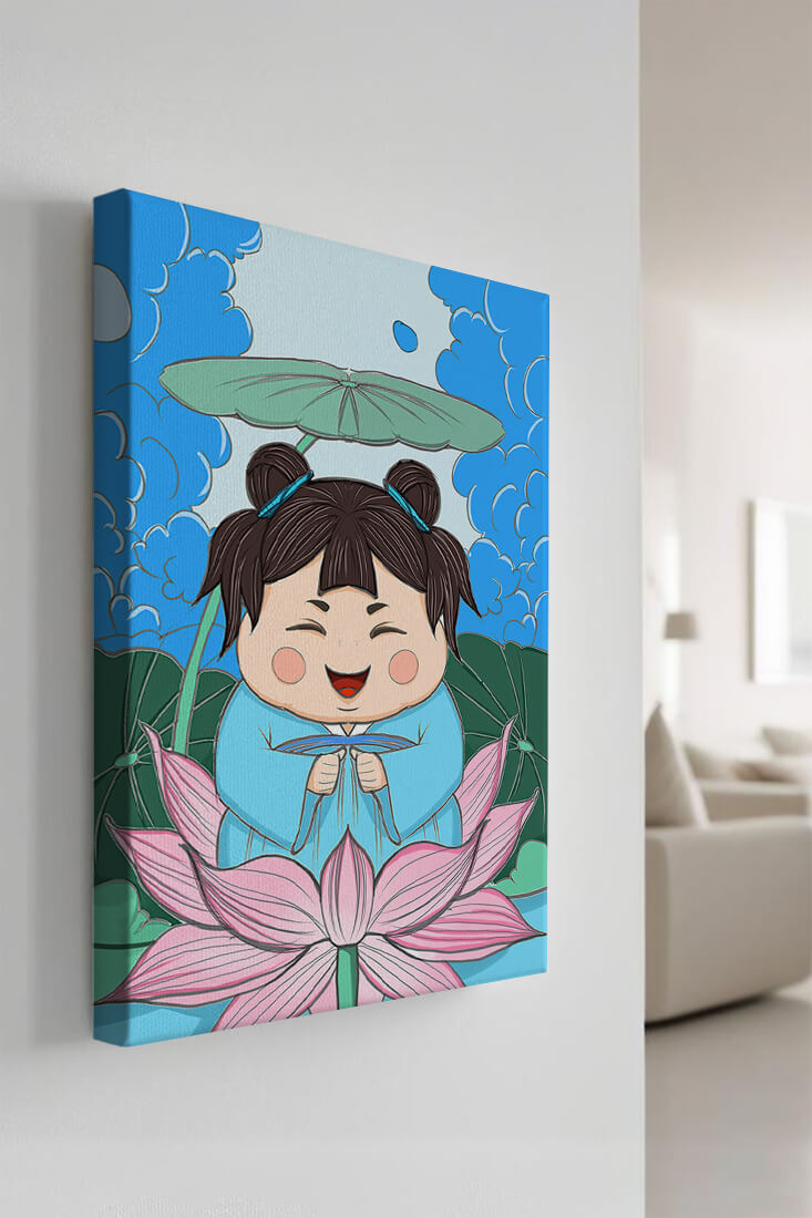 Whimsical illustration of a joyful child with lotus and umbrella