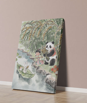 Escena caprichosa con un panda y un conejo junto al río