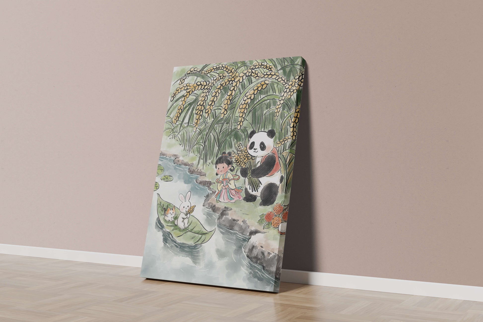 Escena caprichosa con un panda y un conejo junto al río