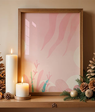 Diseño floral abstracto en rosa suave con hojas estilizadas y ondas