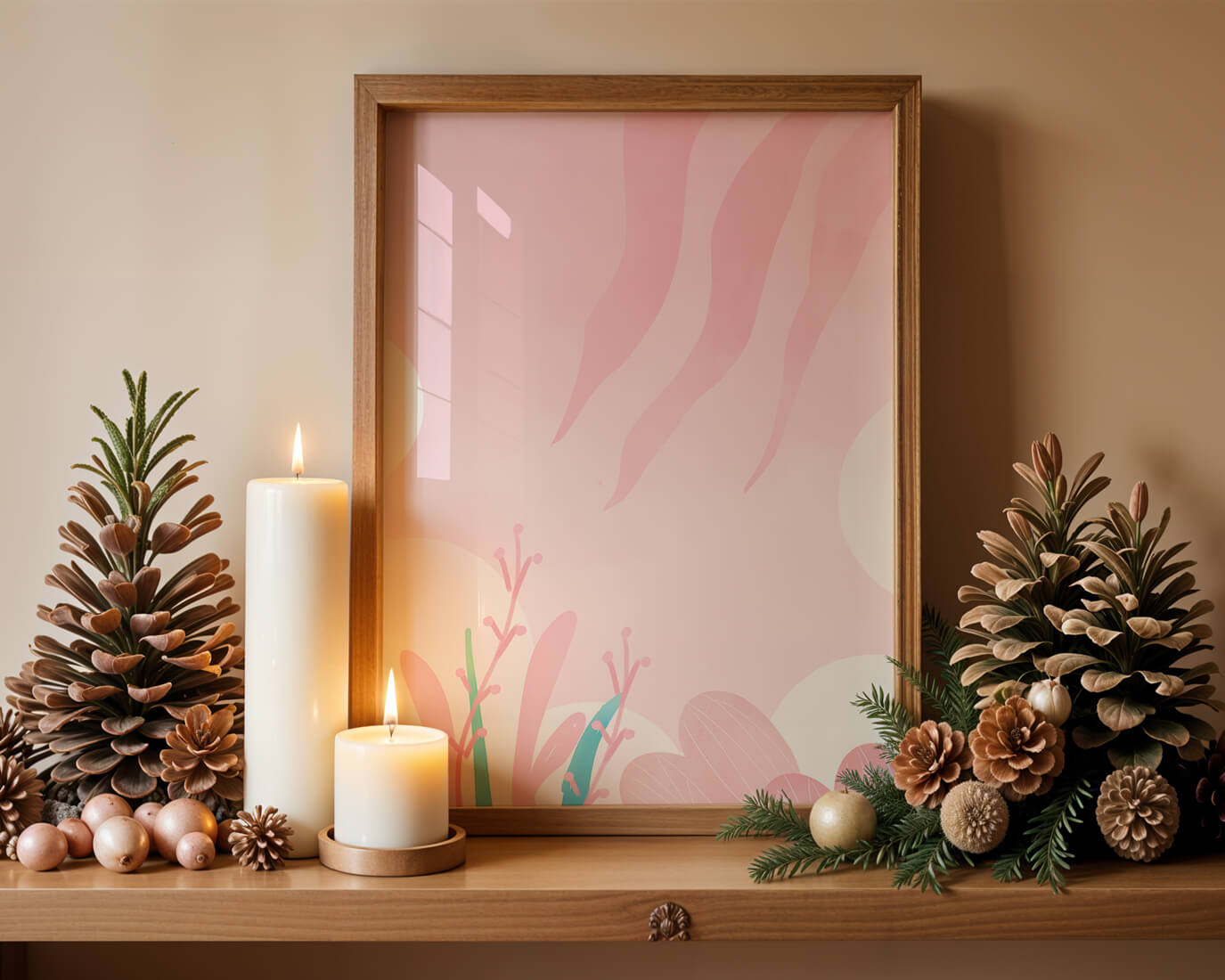 Soft Pink Abstract Floral Design with Stylized Leaves and Waves