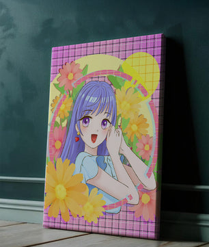 Anime-Mädchen mit leuchtenden Blumen und lila Haaren auf buntem Hintergrund