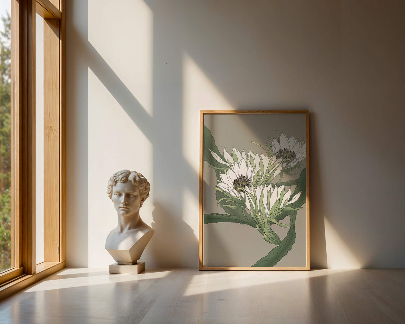 Beautiful botanical illustration of white blooming flowers with green leaves
