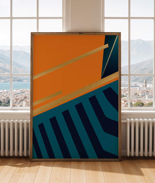 Moderne geometrische Abstraktion mit goldenen Elementen und kräftigen Farben 