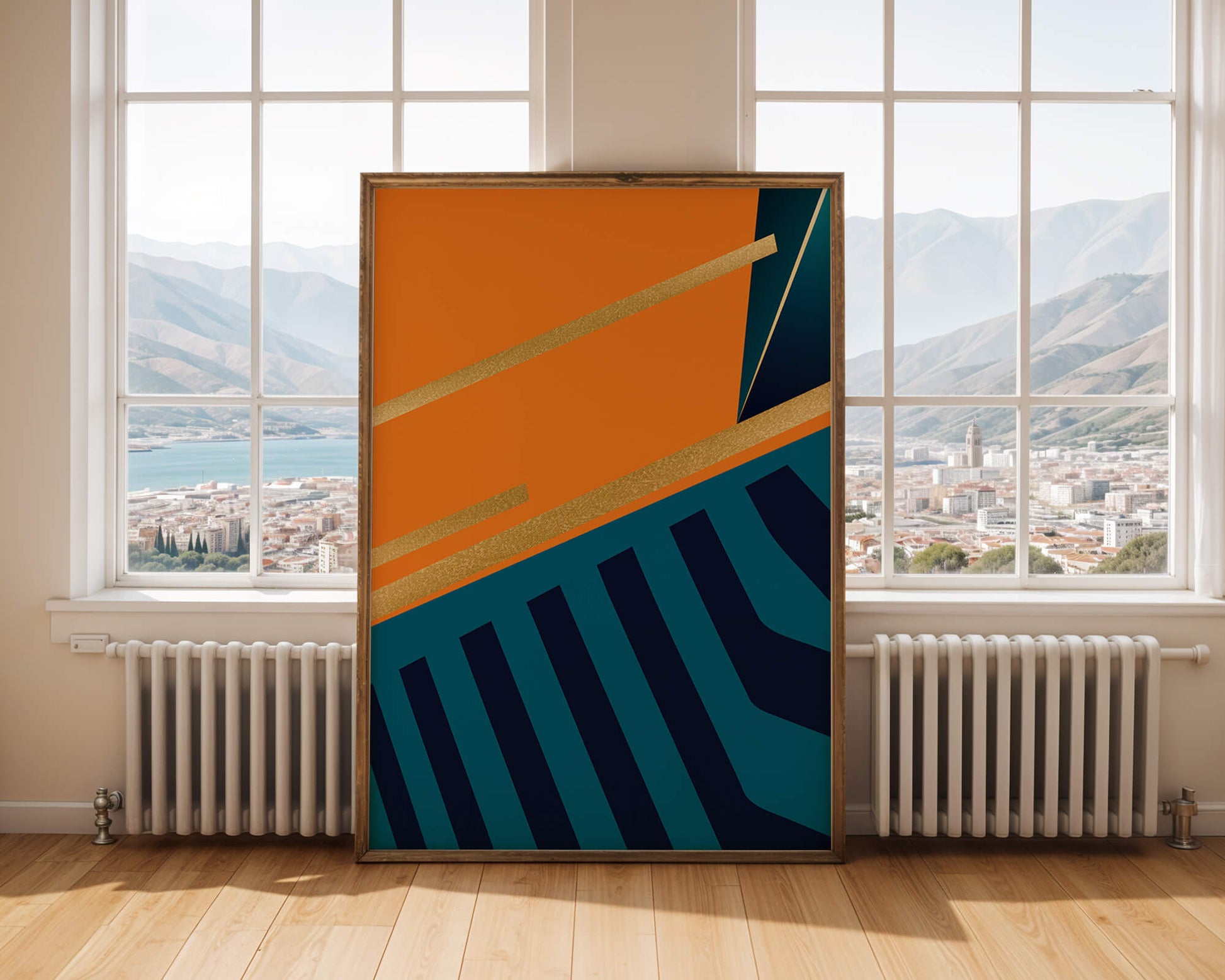 Moderne geometrische Abstraktion mit goldenen Elementen und kräftigen Farben 