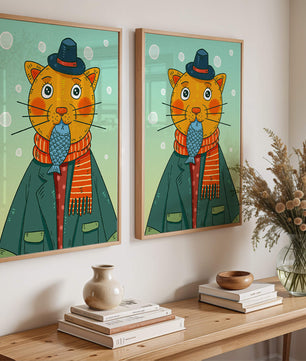 Gato caprichoso vestido con atuendo invernal colorido