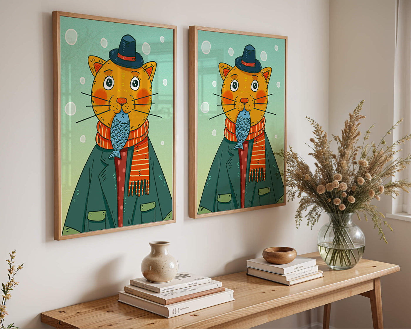 Whimsical cat dressed in colorful winter attire