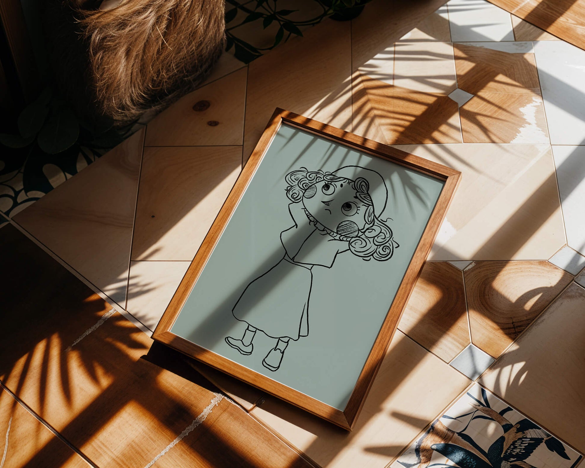 Ilustración a mano de un personaje de dibujos animados pensativo con cabello rizado y gorro