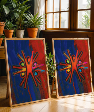 Abstract art with dynamic figures and vibrant colors