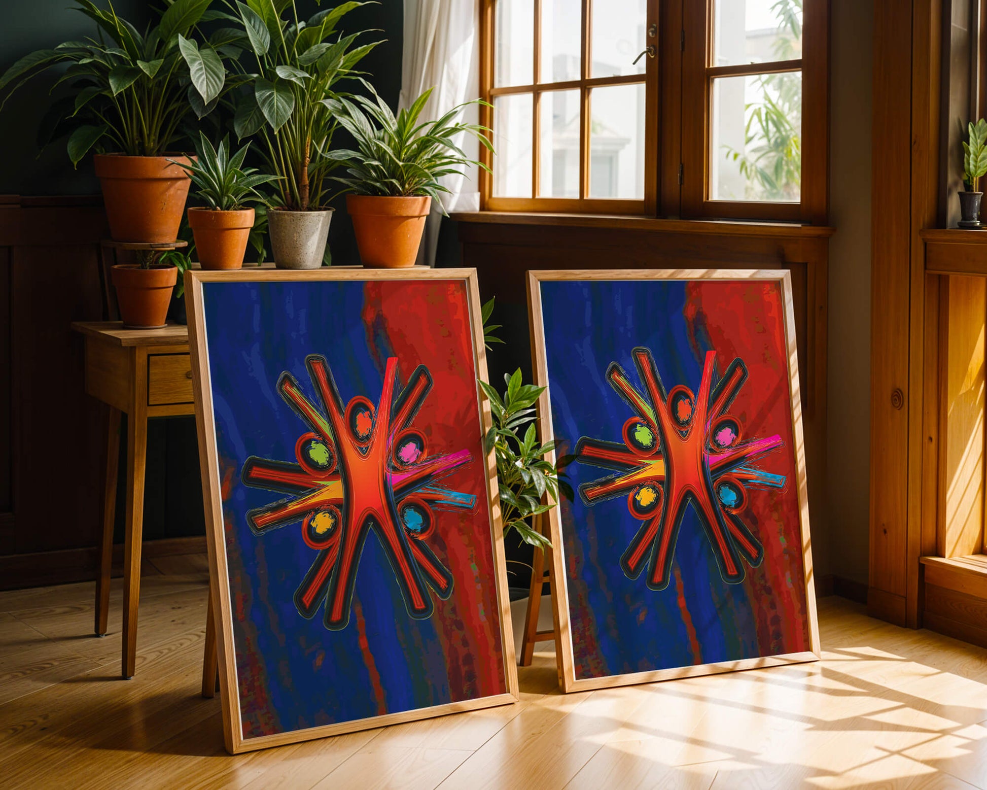 Abstract art with dynamic figures and vibrant colors