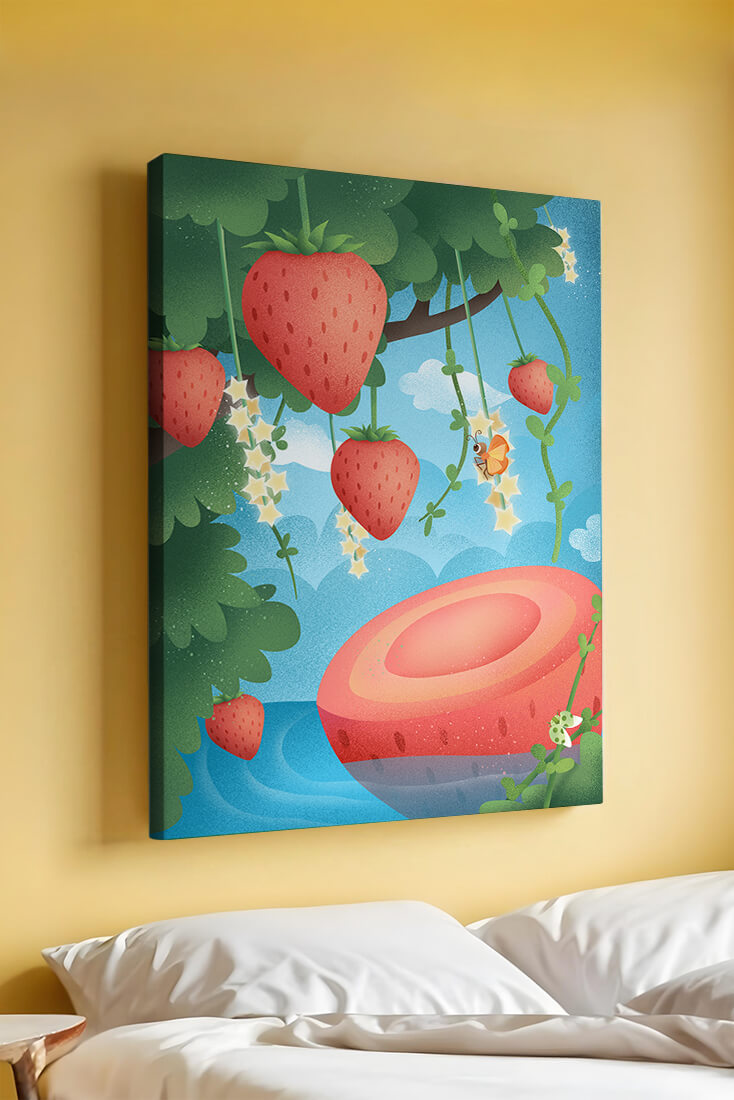 Illustrated strawberries in a whimsical garden setting