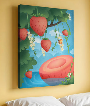 Illustrated strawberries in a whimsical garden setting