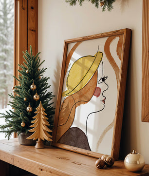 Retrato de línea moderna de una mujer con sombrero y colores vibrantes