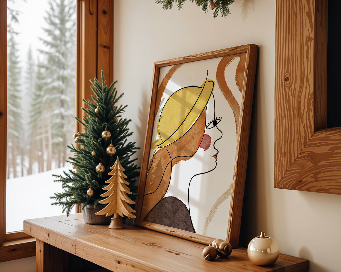Retrato de línea moderna de una mujer con sombrero y colores vibrantes