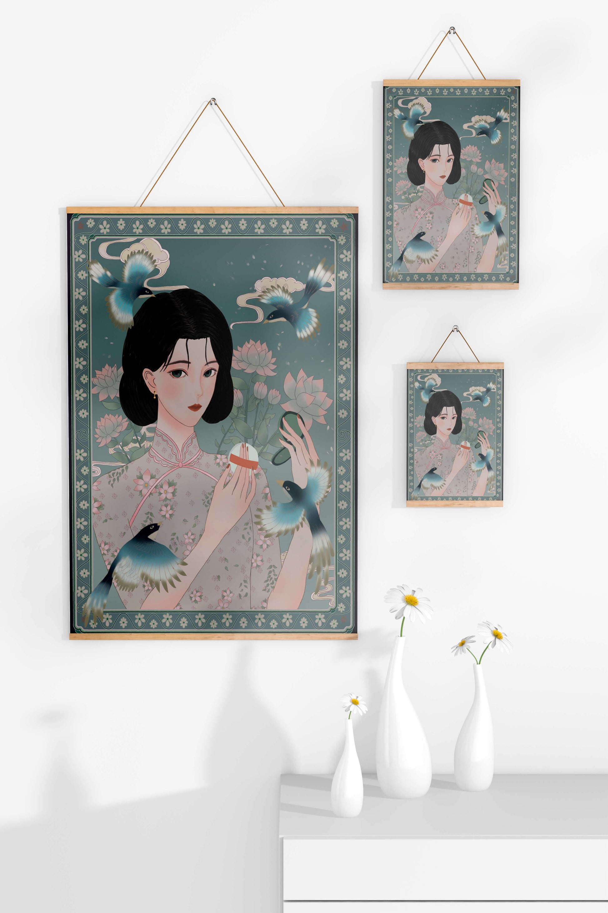 Elegant woman in floral kimono surrounded by birds and lotus flowers