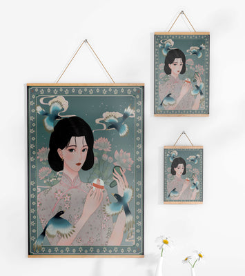 Elegant woman in floral kimono surrounded by birds and lotus flowers