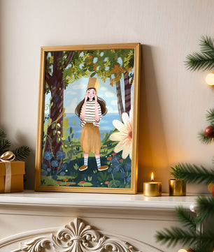 Whimsical Illustration of a Girl in Nature with Golden Hat